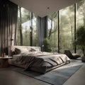 a bedroom, bed in middle, wardrobe, commode, modern style, curtain wall showing trees outside, day time light Royalty Free Stock Photo