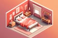 A bedroom with a bed, nightstands and a window. AI generative image.