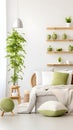 a bedroom with a bed and a plant on the wall Minimalist interior Nursery with White color theme