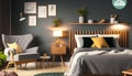 a bedroom with a bed, two chairs, a table, and a shelf with pictures on it and a lamp on the side of the bed. generative ai Royalty Free Stock Photo