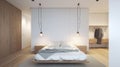 A bedroom with a bed and two hanging lights, AI