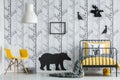 Bedroom with black bear sticker Royalty Free Stock Photo