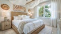 The bedroom boasts a plush ivorycolored bed with a natural rattan headboard. Seacolored throw blankets and pillows add a