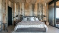 The bedroom boasts a weathered wood feature wall that extends onto the ceiling creating a dramatic focal point. The