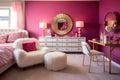 A bedroom with bright fuchsia walls. White and gold accents, pink velvet chairs and decorative mirrors Royalty Free Stock Photo
