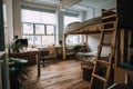A bedroom with a bunk bed and a desk. AI generative image. Cozy loft with wooden stairs.