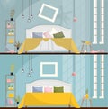 Bedroom before and after cleaning. Dirty room Interior with scattered Furniture and items. Bedroom interior with a bed,