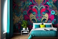 a bedroom with a colorful wallpaper and a bed with pillows and pillows on it Royalty Free Stock Photo