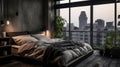 Bedroom Concrete Walls Suround With Linen Bedding and Accessories Black and White Background