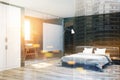 Gray wooden bedroom and bathroom side toned Royalty Free Stock Photo