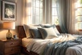 Bedroom Corner with Morning Light Streaming Through Sheer Curtains onto an Unmade Bed with Scattered Pillows