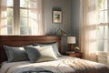 Bedroom Corner with Morning Light Streaming Through Sheer Curtains onto an Unmade Bed with Scattered Pillows