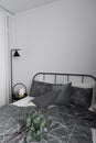 Bedroom corner in scandinavian style with gray metal bed and black side table with minimal floor lamp Royalty Free Stock Photo