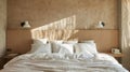 In the bedroom a custommade headboard is adorned with a layer of cork adding a touch of natural beauty to the space. The Royalty Free Stock Photo