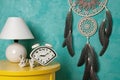 Bedroom decor on aquamarine background Royalty Free Stock Photo