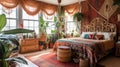 Bedroom decor, home interior design . Bohemian Eclectic style Royalty Free Stock Photo