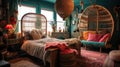 Bedroom decor, home interior design . Bohemian Eclectic style Royalty Free Stock Photo