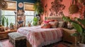 Bedroom decor, home interior design . Bohemian Eclectic style Royalty Free Stock Photo