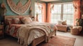 Bedroom decor, home interior design . Bohemian Eclectic style Royalty Free Stock Photo