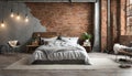 Bedroom decor, home interior design. Industrial Urban style with Brick Wall