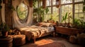 Bedroom decor, home interior design . Rustic Bohemian style