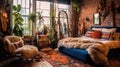 Bedroom decor, home interior design . Rustic Bohemian style