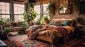 Bedroom decor, home interior design . Rustic Bohemian style