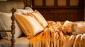 Bedroom decor, interior design and autumnal home decor, bed with silk satin bedding, bespoke furniture and autumn