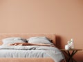 Bedroom in delicate peach fuzz room color trend 2024 year panton furniture Royalty Free Stock Photo