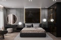 Bedroom Delight Inviting Bed, Organized Almirah, and Wall Mirror on the Functional Console Table, LED Lighting