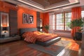 Bedroom design with orange curtains and gray bed Royalty Free Stock Photo