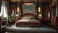 A bedroom designed for both opulence and comfort, blending Art Deco-inspired furniture