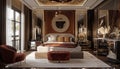 A bedroom designed for both opulence and comfort, blending Art Deco-inspired furniture