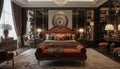 A bedroom designed for both opulence and comfort, blending Art Deco-inspired furniture