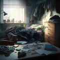 The bedroom is in disarray, with clothes and objects scattered everywhere. Royalty Free Stock Photo