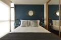 Bedroom with double bed with bright gray cushions, indigo blue wall, built-in wardrobe with sliding mirror doors and large window