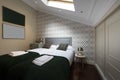 Bedroom with double bed with green cushions and blankets,