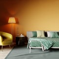 Bedroom with empty dark yellow wall for art with green bed and yellow armchair with included floor lamp