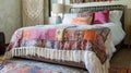 A bedroom that exudes Bohemian Chic style with a mix of patterns and textures. The bed is covered in a brightlycolored Royalty Free Stock Photo