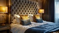 The bedroom exudes luxury with a large tufted headboard upholstered in rich velvet and accented with gleaming copper