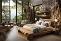 Bedroom exuding rustic elegance, bed frame is made from reclaimed wood Royalty Free Stock Photo