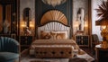 A bedroom exuding vintage glamour with Art Deco-inspired furniture,