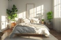 Cozy Bedroom With Bed and Plant in Corner Royalty Free Stock Photo