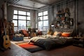 Industrial musician loft bedroom with guitar, grey and rug style Royalty Free Stock Photo