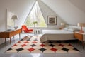 a bedroom featuring an eero saarinen tulip table and a geometric rug