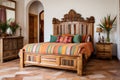 a bedroom featuring a polished wooden bed frame with intricate carvings and bold, striped bedding