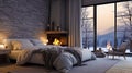 A bedroom with a fireplace, a comfortable upholstery from the bed and muffled color scheme Royalty Free Stock Photo
