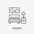 Bedroom flat line icon. Apartment furniture sign, vector illustration of bed, bedside table, lamp, decorations. Thin Royalty Free Stock Photo