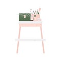 Bedroom furniture - dressing table with cosmetics in flat cartoon style. Cute vanity table in Scandinavian style. Vector