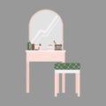 Bedroom furniture - dressing table with mirror and cosmetics in flat cartoon style. Cute vanity table in Scandinavian style.